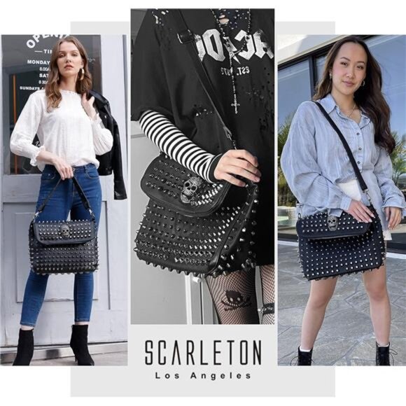 Studded Skull Bag for Women,Vegan Leather Punk Rock Rivet Bag,Shoulder Bag H1417 - Picture 2 of 7
